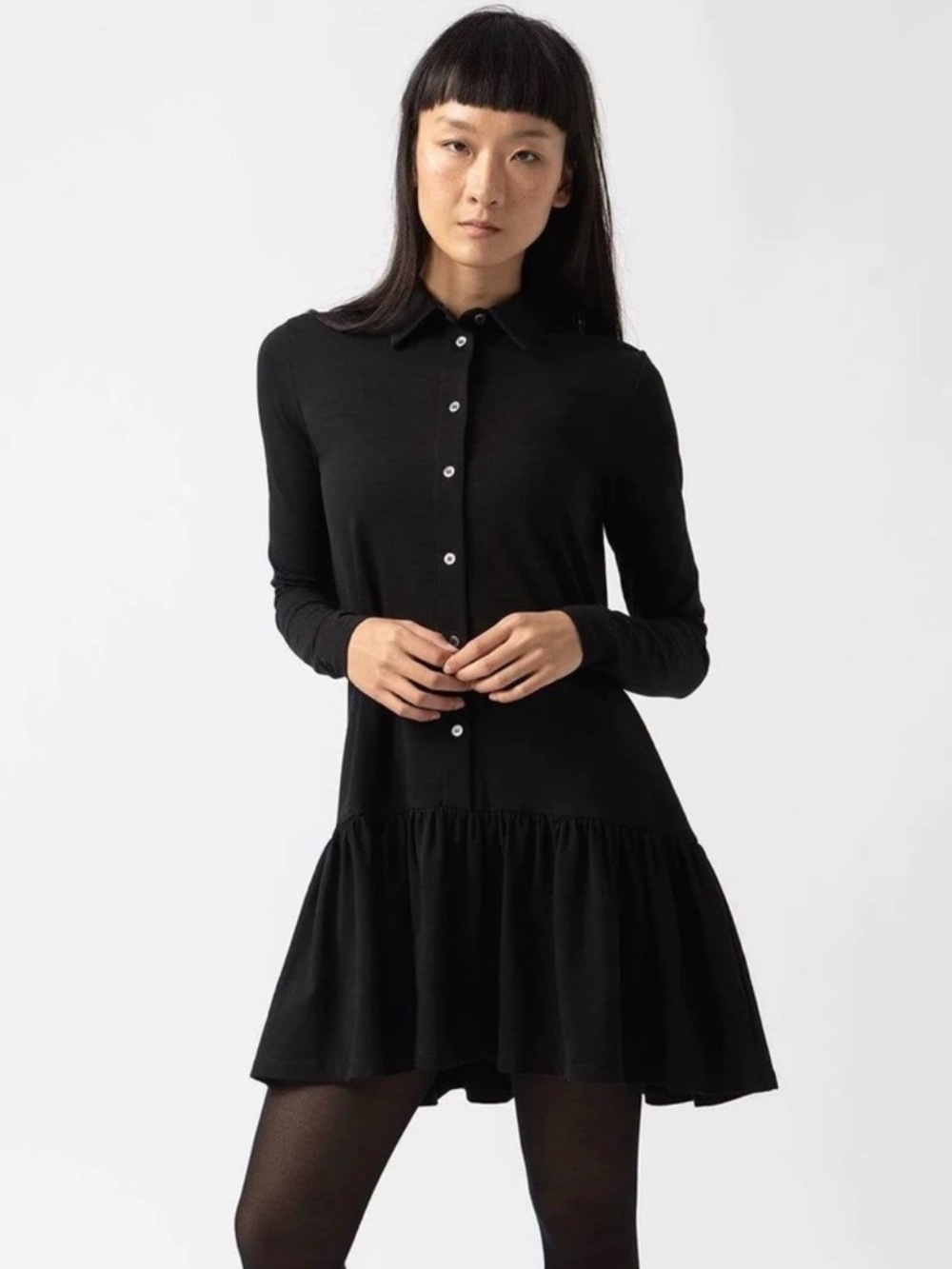 Saint + Sofia Black Button Front Drop Waist Ruffle Mini Dress US 6 Classy Chic